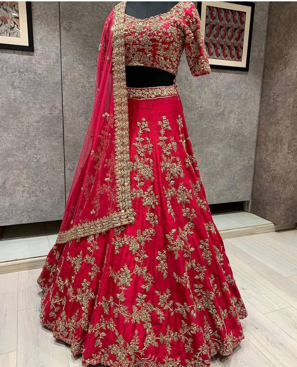 Entrancing Rani Pink Color Silk Satin Embroidered Work Lehenga Choli For Bridal Wear