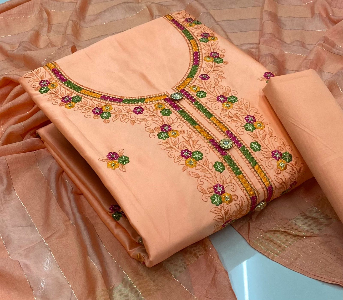 Unique Peach Color Regular Wear Cotton Embroidered Work Salwar Suit