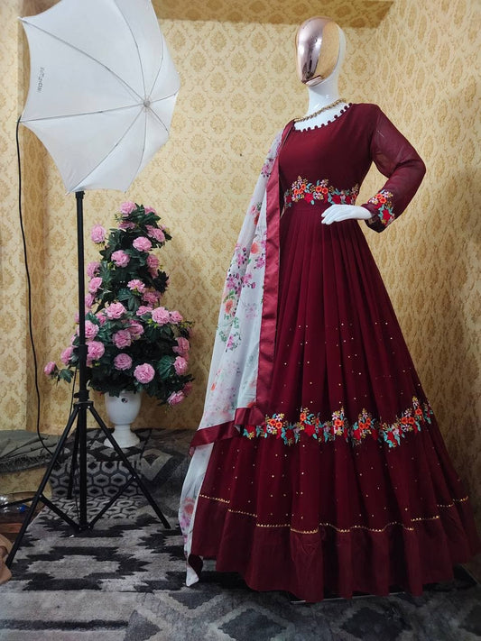 Knockout Maroon Color Festival Wear Embroidered Work Georgette Salwar Suit