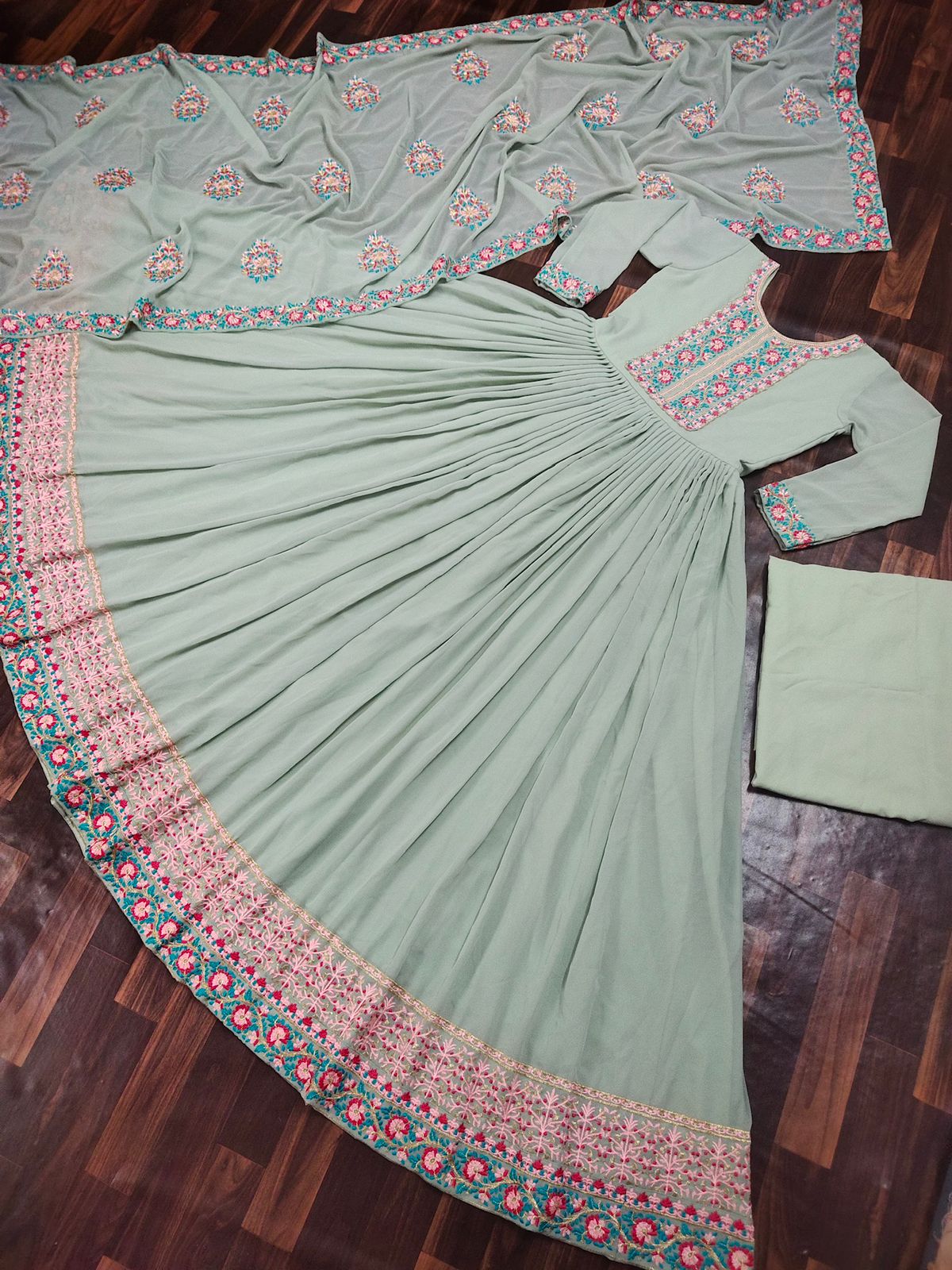 Glamorous Sea Green Color Georgette Embroidered Work Salwar Suit For Women