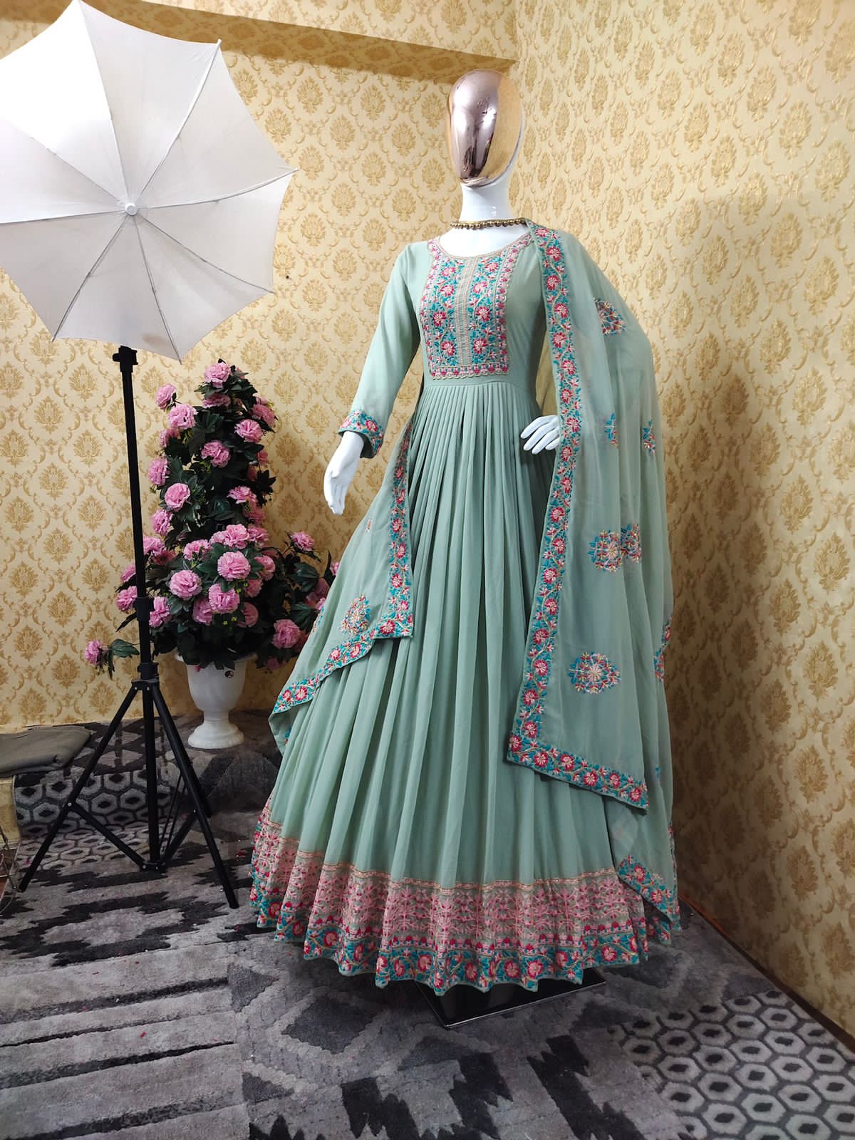 Glamorous Sea Green Color Georgette Embroidered Work Salwar Suit For Women