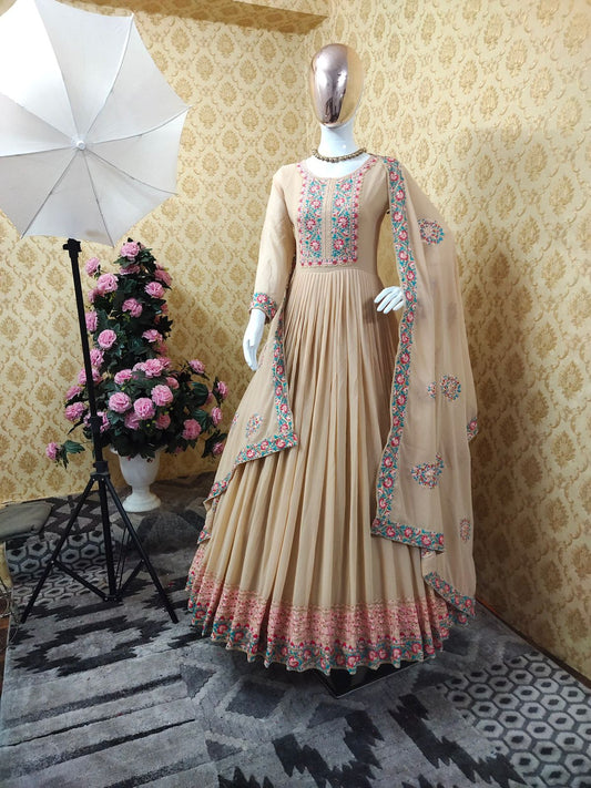 Remarkable Cream Color Embroidered Work Georgette Salwar Suit