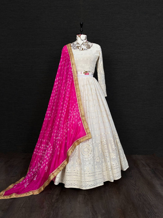 Striking Off White Color Party Wear Georgette Mirror Work Lehenga Choli