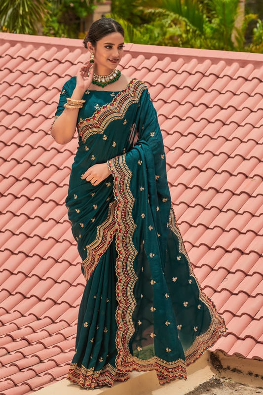 Prodigious Rama Blue Color Vichitra Silk Embroidered Work Festive Wear Saree Blouse