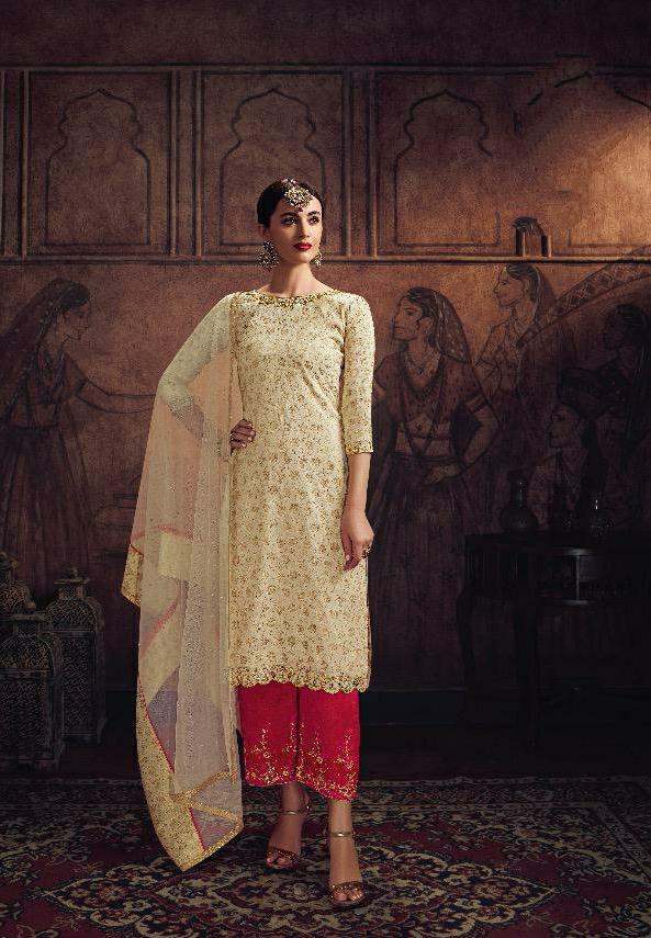 Graceful Cream Color Jacquard Embroidered Work Party Wear Salwar Suit