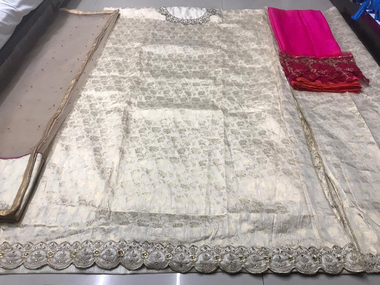 Graceful Cream Color Jacquard Embroidered Work Party Wear Salwar Suit