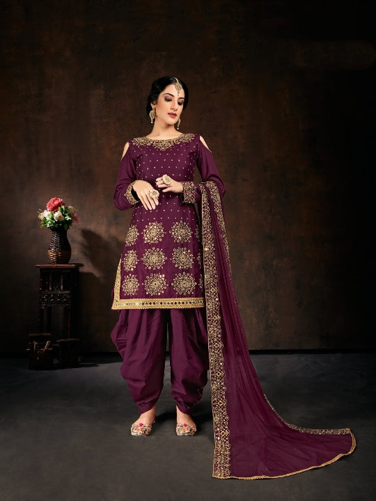 Entrancing Wine Color Wedding Wear Cotton Embroidered Work Designer Patiyala Salwar Suit