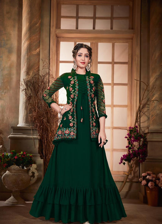 Amazing Bottle Green Color Georgette Embroidered Work Jacket Style Gown For Women