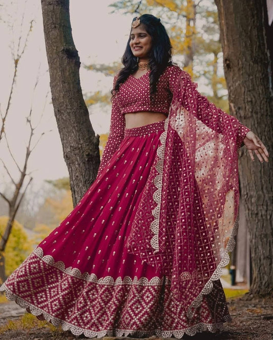 Good-looking Red Color Georgette Embroidered Work Lehenga Choli