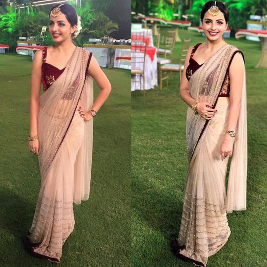 Breath-taking Cream Party Wear Soft Net Designer Sequence Embroidered Work Saree Blouse