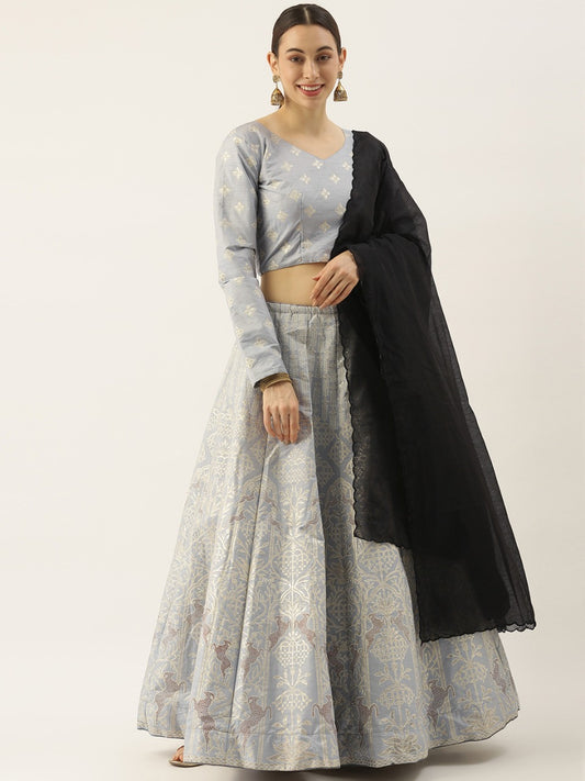 Astonishing Grey Color Function Wear Silk Zari Foil Work Lehenga Choli