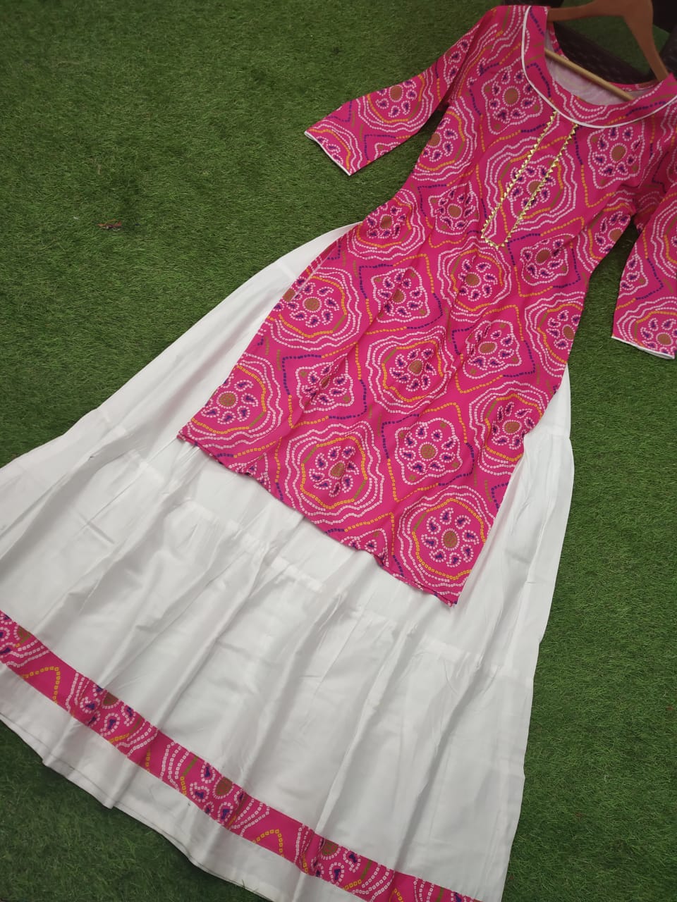 Pink And White Function Wear  Top And Skirt