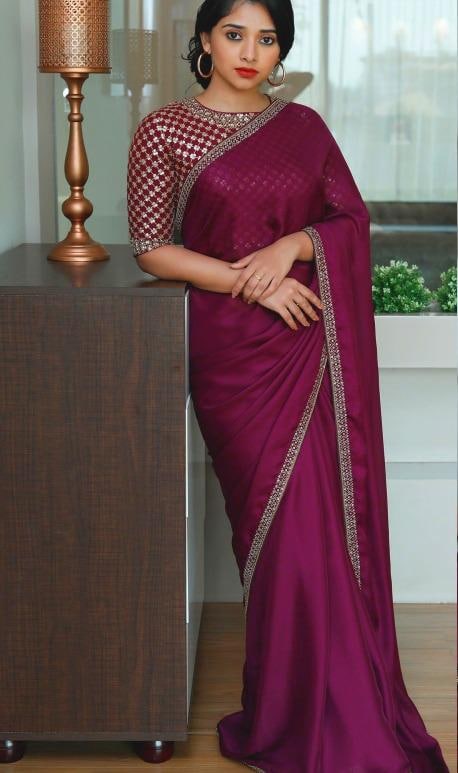 Unique Designer Wine Color Vichitra Silk Saree With Sequence Work Blouse