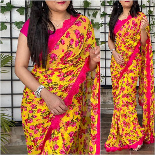 Party Wear Georgette Digital Printed Ywllo Color Saree