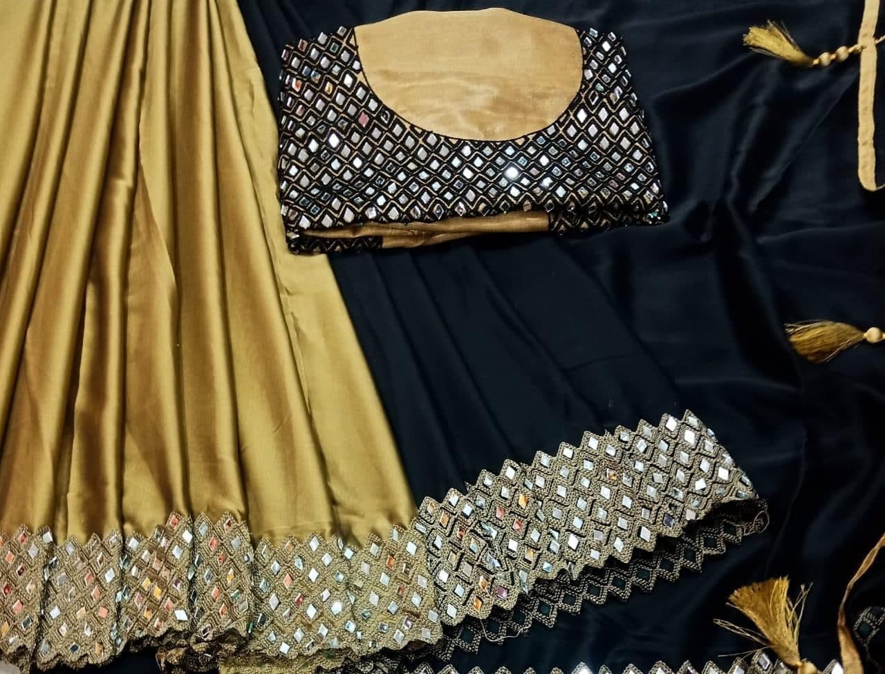 Beautiful Party Wear Satin Silk Saree With Mirror Worl Blouse_stockout