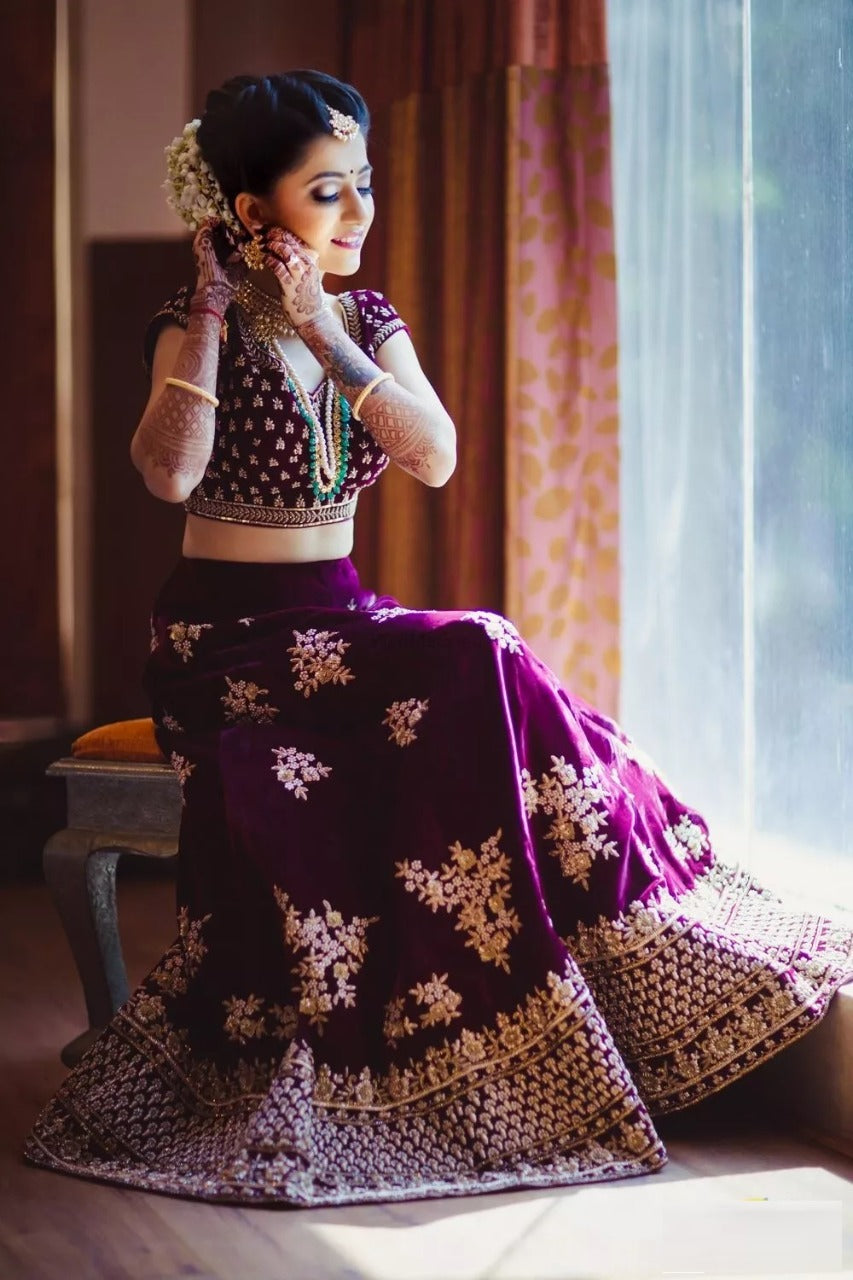 Groovy Violet Color Festive Wear Velvet Design Embroidered Work Lehenga Choli