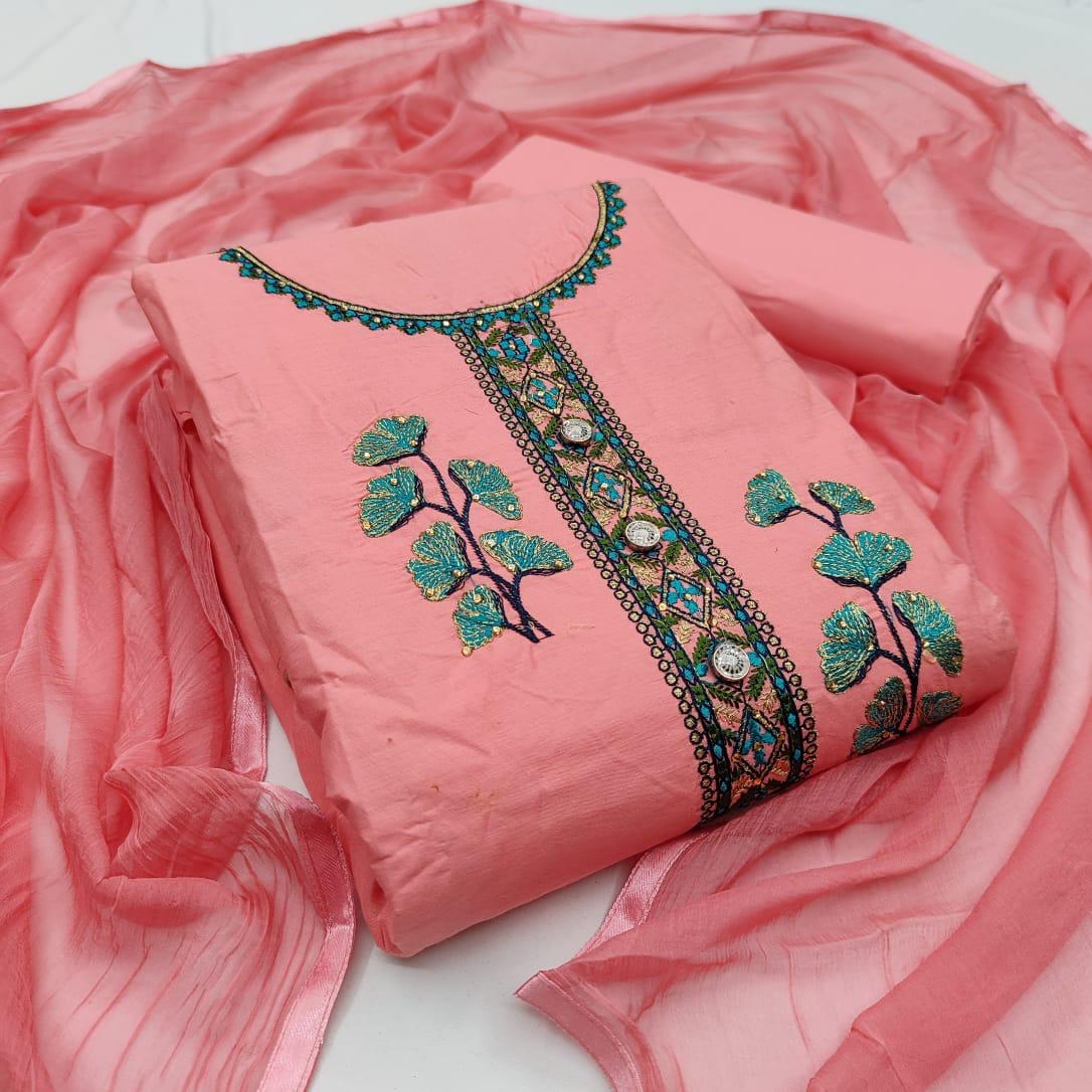 Lovable Light Pink Color Fancy Cotton Designer Embroidered Work Salwar Suit For Party Wear