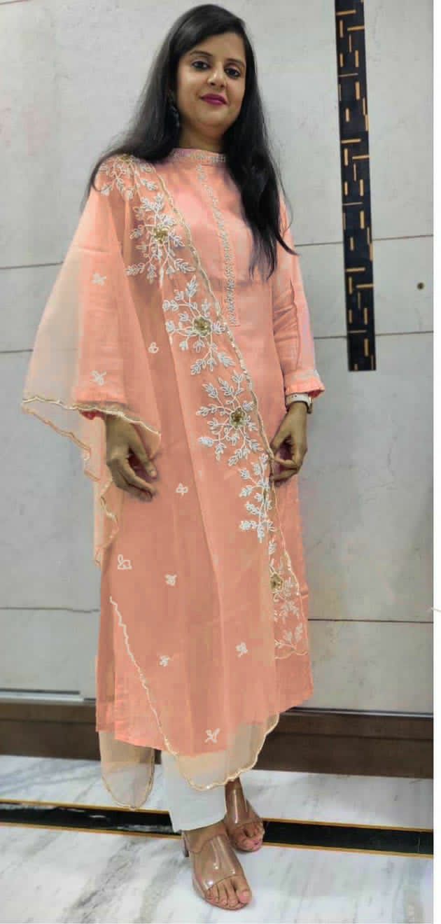 Sophisticated Peach Color Cotton Hand Moti Work Salwar Suit For Women