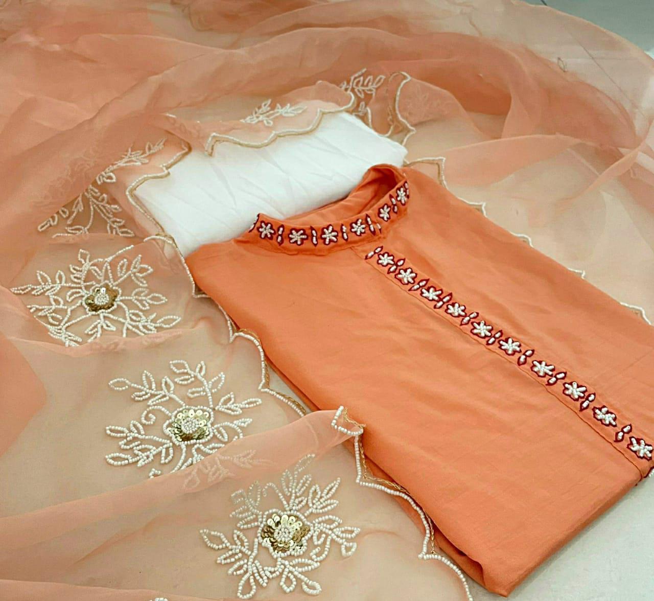 Sophisticated Peach Color Cotton Hand Moti Work Salwar Suit For Women
