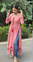 Load image into Gallery viewer, Entrancing Pink Color Full Stitched Cotton Thread Work Printed Kurti With Jeans For Women

