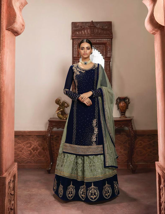 Wedding Wear Navy Blue Classic Georgette Embroidered Work Indo Western