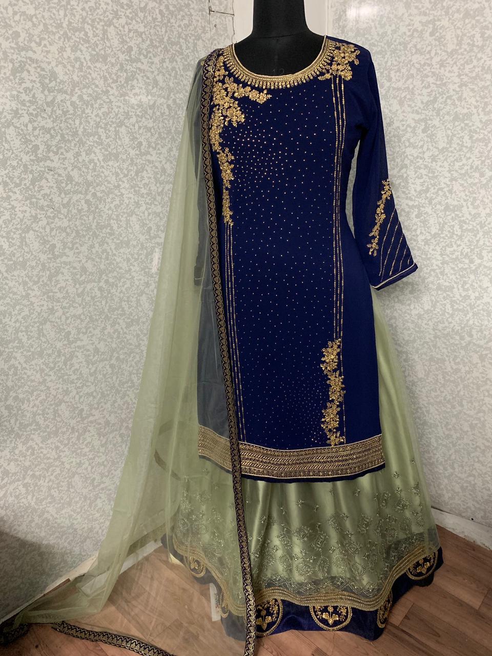 Wedding Wear Navy Blue Classic Georgette Embroidered Work Indo Western