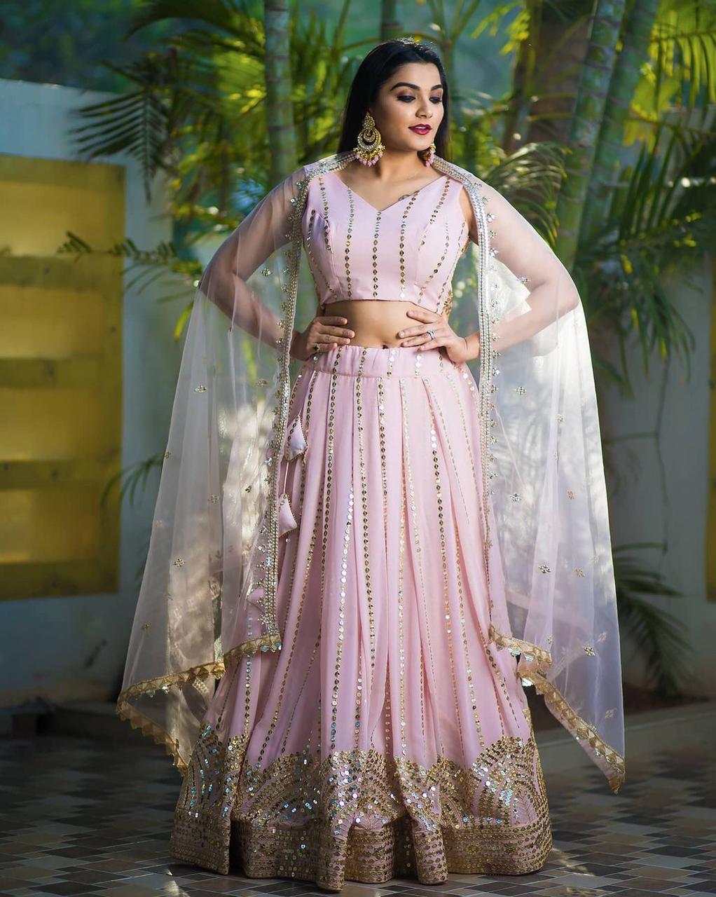 Refreshing Baby Pink Color Georgette Sequence Embroidered Work Lehenga Choli For Women
