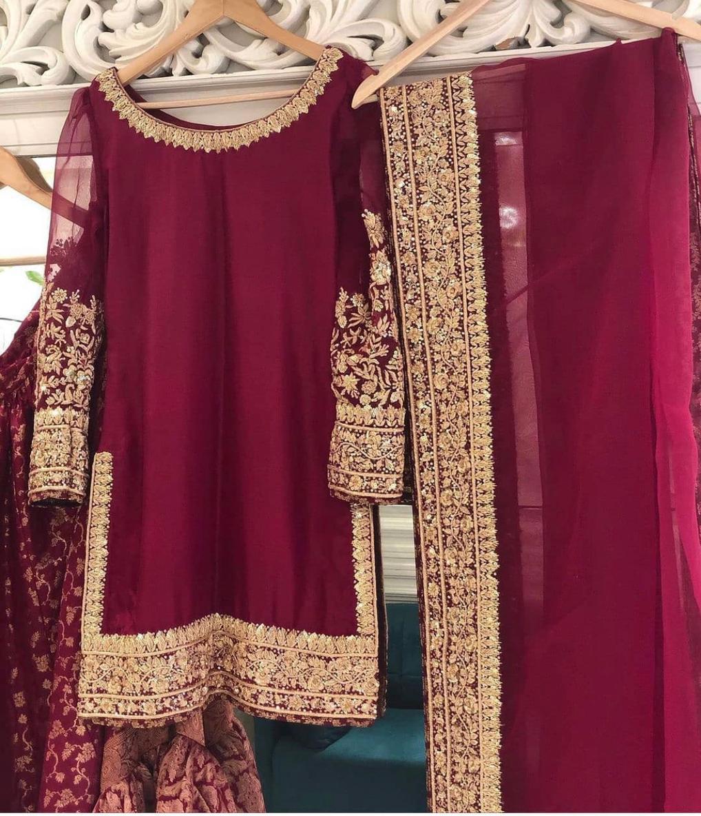 Gleaming Maroon Color Ready Made Embroidered Chine Sequence Work Georgette Salwar Suit