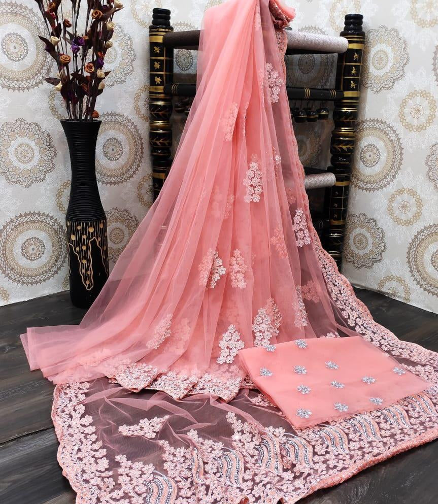 Pleasant Peach Color Party Wear Nylon Net Embroidered Work Saree Blouse