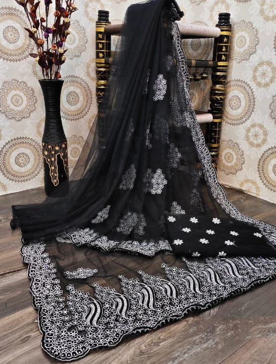 Fabulous Black Color Nylon Net Embroidered Work Saree Blouse For Festival Wear