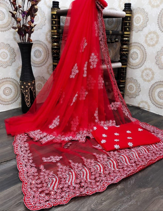 Marvelous Red Color Indian Wear Embroidered Work Net Nylon Design Saree Blouse