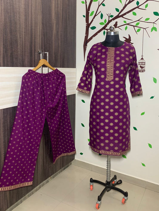 Elegant Magenta Color Rayon Printed Plazo Kurti For Women