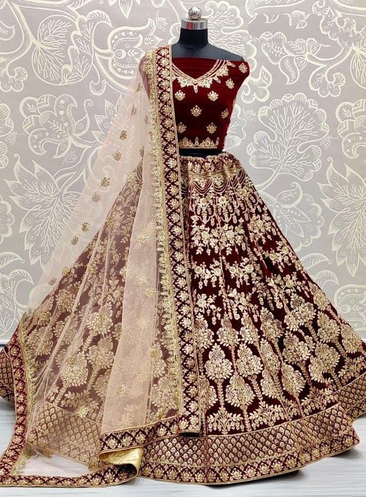 Maroon Color Classic Velvet Designer Zari Thread Diamond Embroidered Work Lehenga Choli