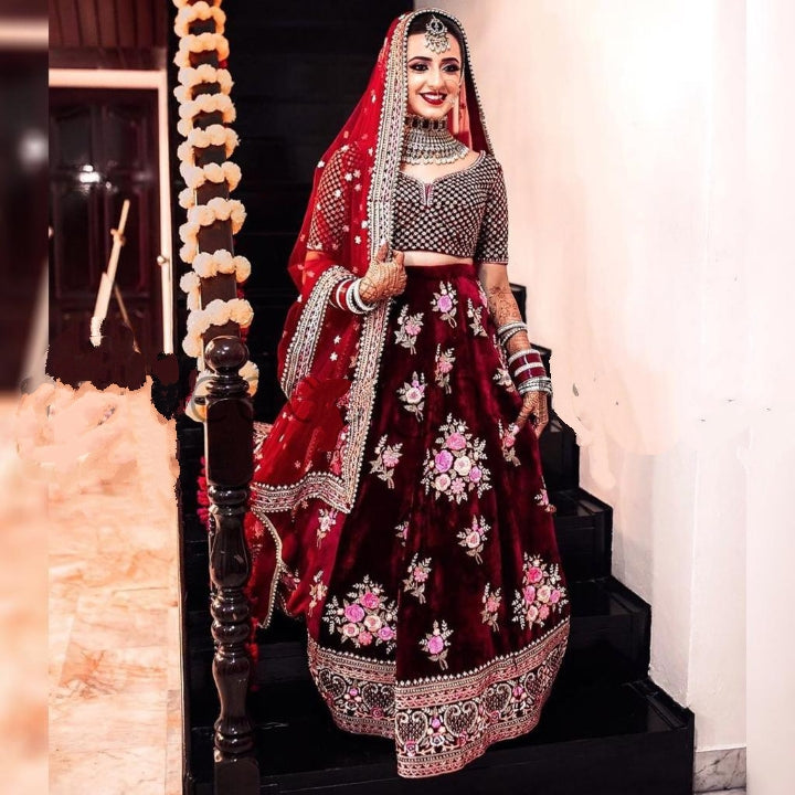 Amazing Maroon Color Velvet Embroidered Work Lehenga Choli For Bridal Wear