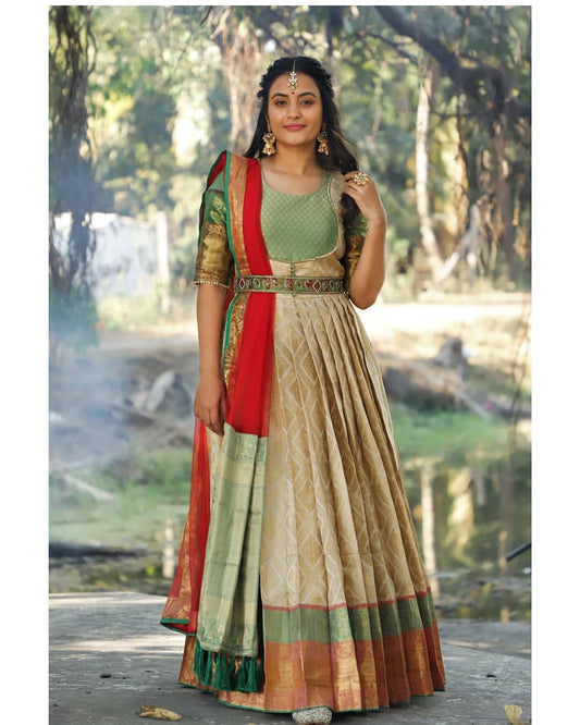 Charming Green Color Wedding Wear Banarasi Silk Zari Work Dupatta Gown