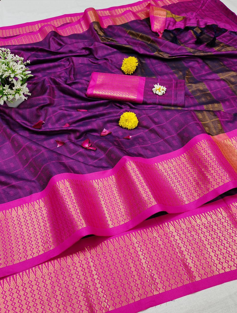 Intricate Cotton Silk Festive Wear Checks Printed Contrast Jacquard Broad Border Work Saree Blouse