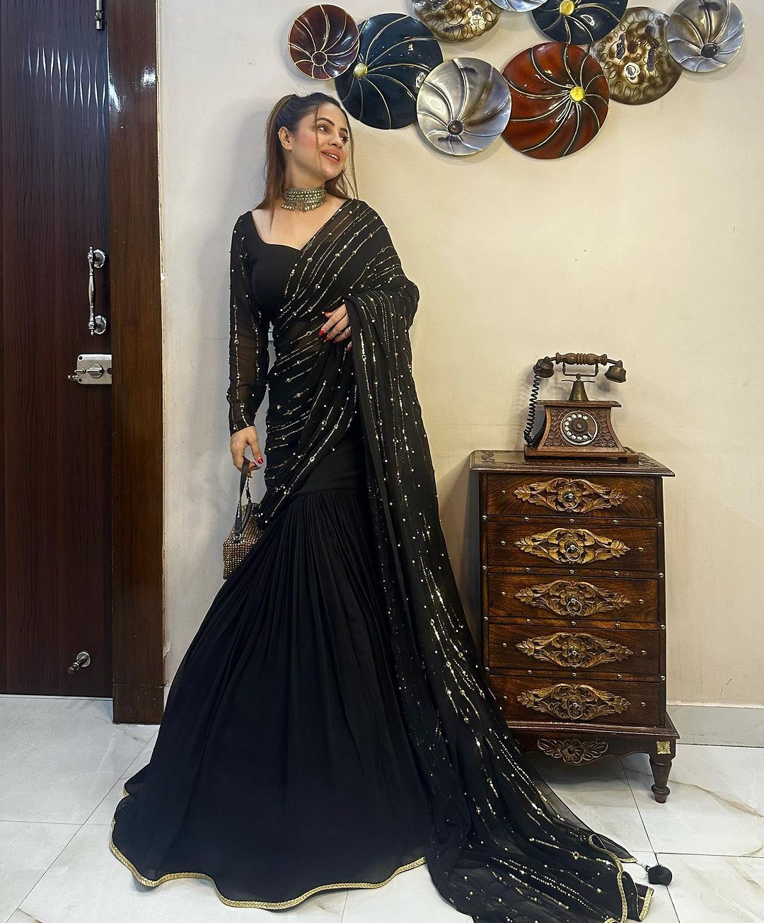 Stylish Faux Georgette Pure Black Semi Stitched Lehenga Saree