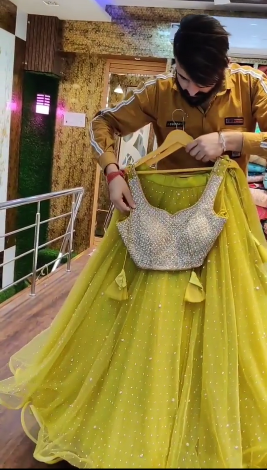 Unique Lemon Yellow Soft Net Semi Stitched Designer Lehenga Choli For Girls