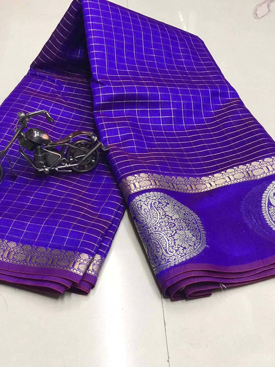 Sensational Soft Linen Silk Checks Designer Printed Fancy Border Saree Blouse For Function Wear