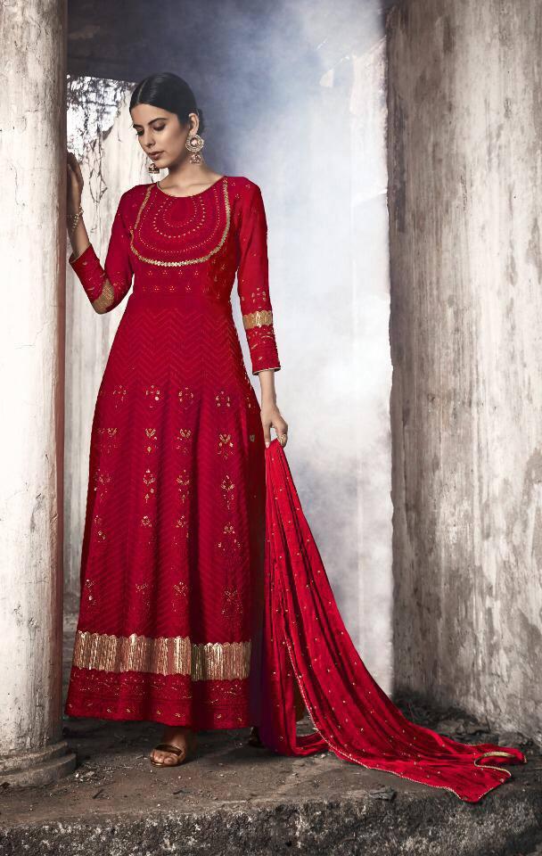 Intricate Red Color Georgette Embroidered Zari Work Salwar Suit For Wedding Wear