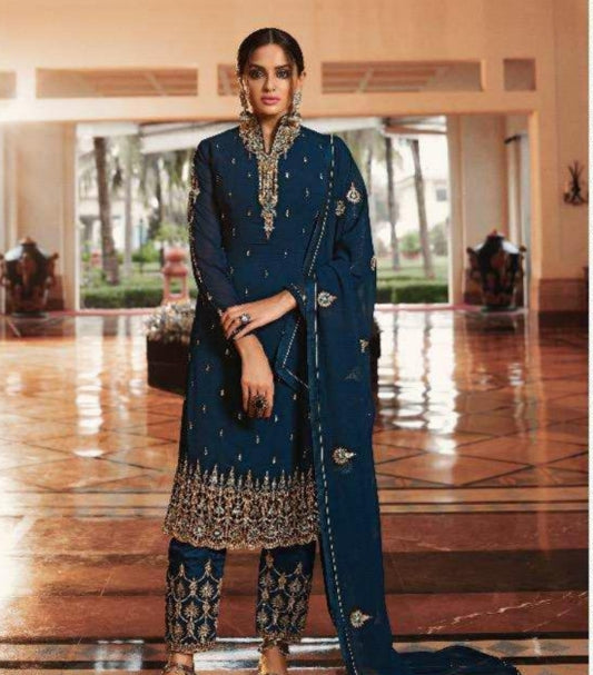 Mind-blowing Blue Color Wedding Wear Georgette Embroidered Work Salwar Suit