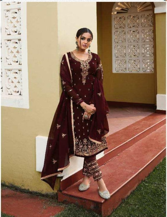 Shattering Maroon Color Georgette Embroidered Work Salwar Suit For Women