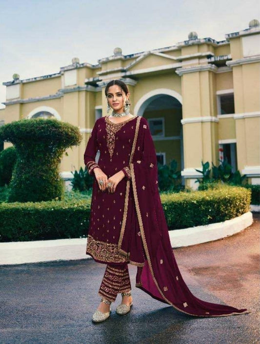 Surprising Wine Color Georgette Embroidered fancy Work Salwar Suit For Ladies