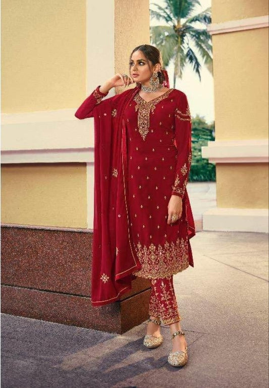 Wonderful Red Color Embroidered Work Faux Georgette Salwar Suit For Occasion Wear