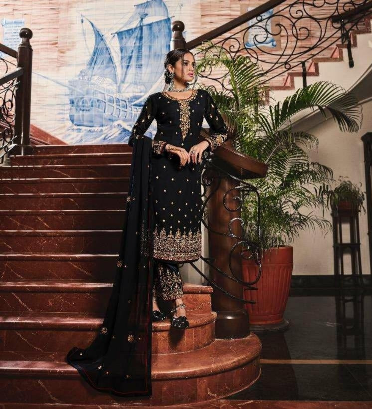 Blooming Black Color Georgette Embroidered Fancy Work Salwar Suit For Festive Wear
