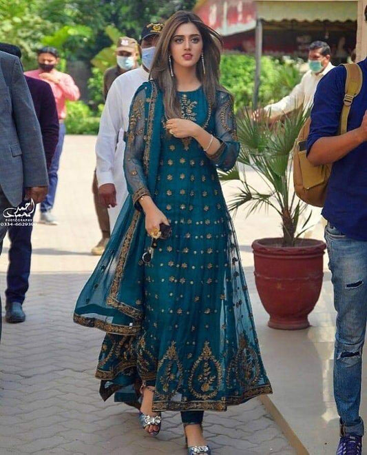 Ravishing Rama Blue Color Net Embroidered Work Salwar Suit For Ladies