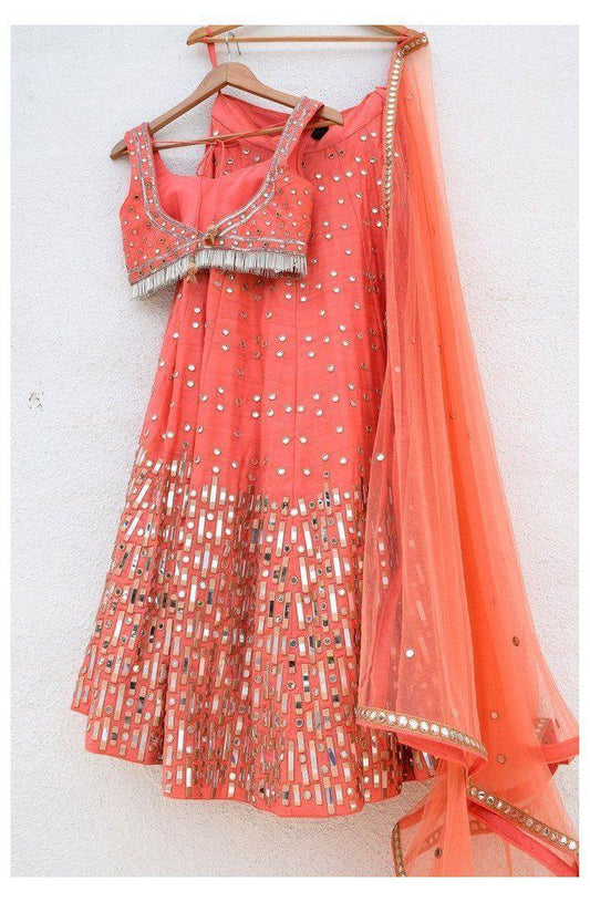 Shattering Peach Color Satin Silk Embroidered Work Lehenga Choli For Women