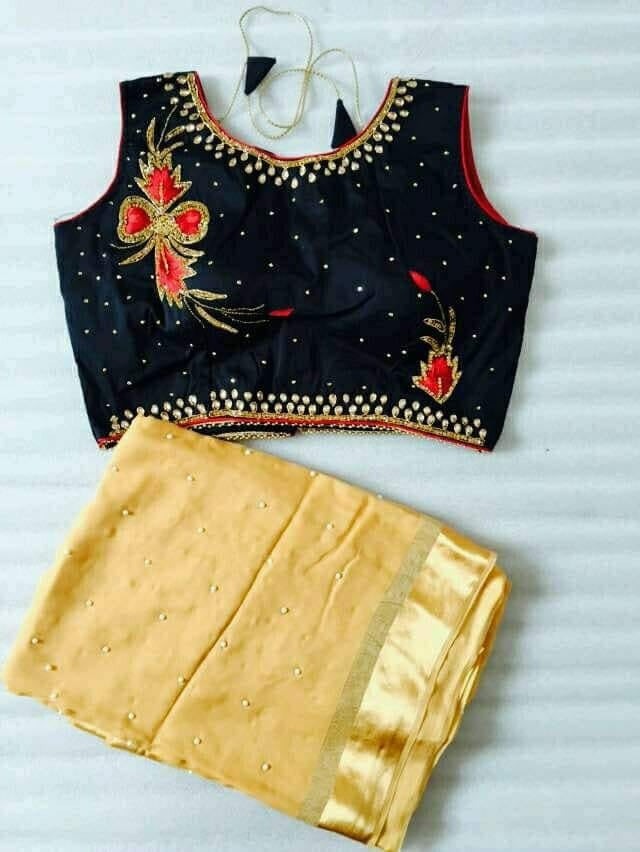 Exceptional Georgette Satin Designer Pearl Moti Work Saree Blouse For Function Wear