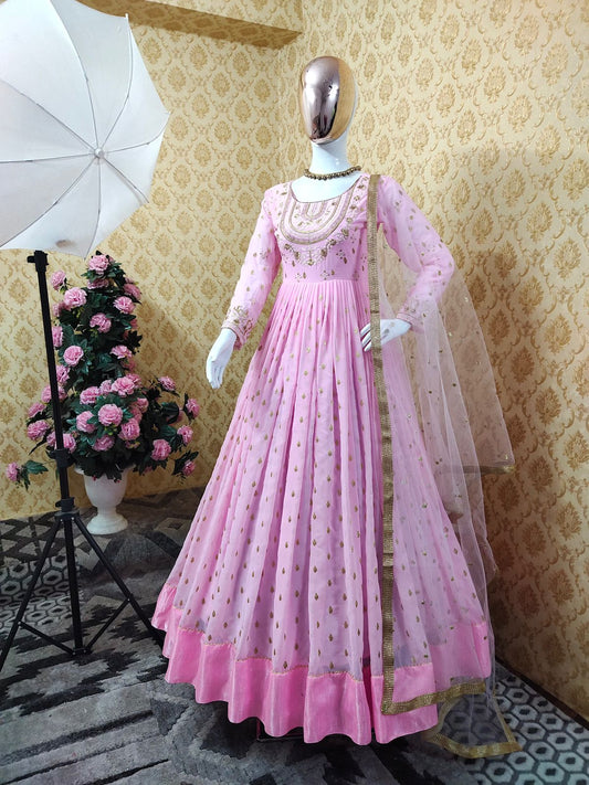 Prodigious Pink Color Georgette Embroidered Work Salwar Suit For Women