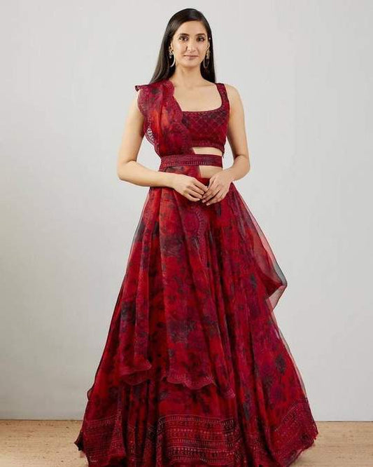 Imperial Red Color Organza Silk Embroidered Printed Work Lehenga Choli